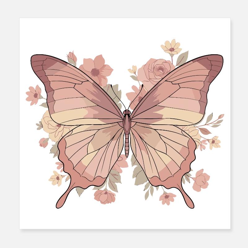 Papillon rose avec des fleurs Poster 20 x 20 cm