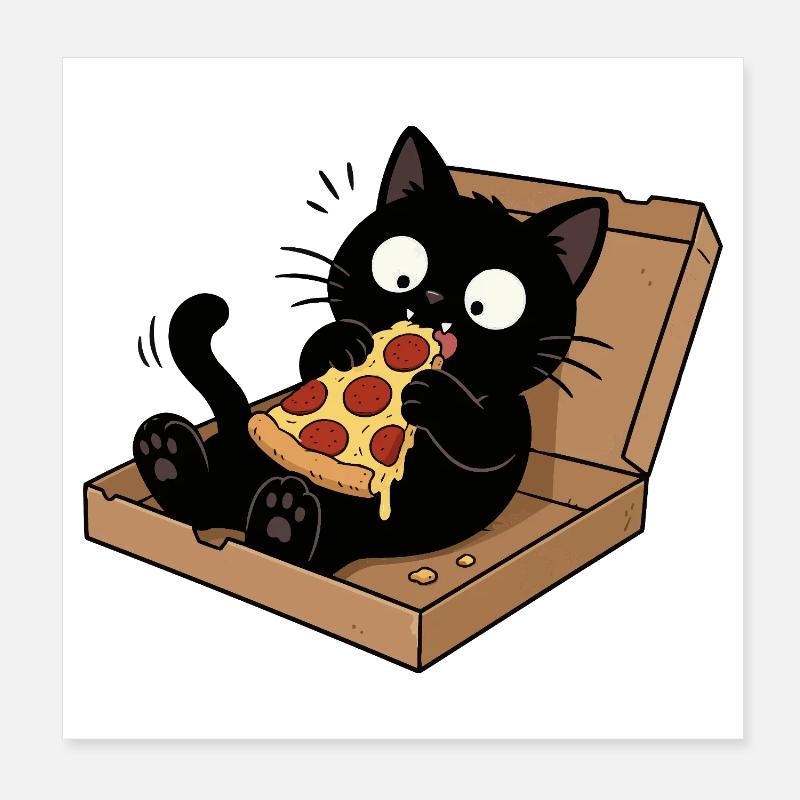 Chat noir savourant une pizza Poster 20 x 20 cm