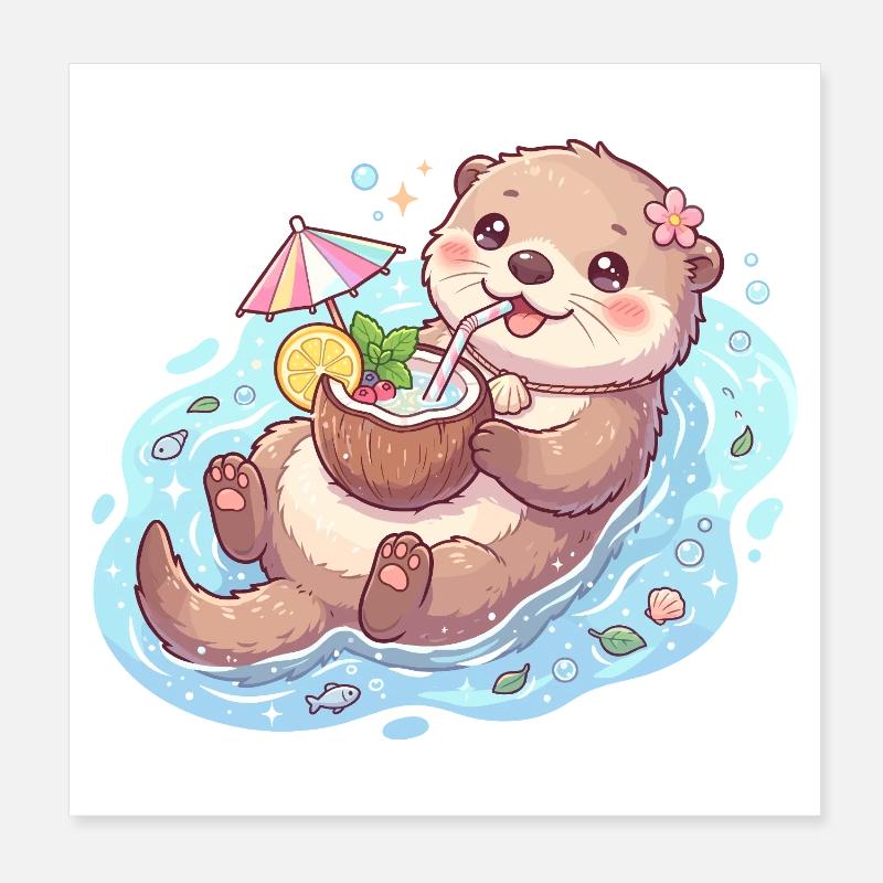 Cute Kawaii Otter Floating with Coconut Drink Poster 20 x 20 cm