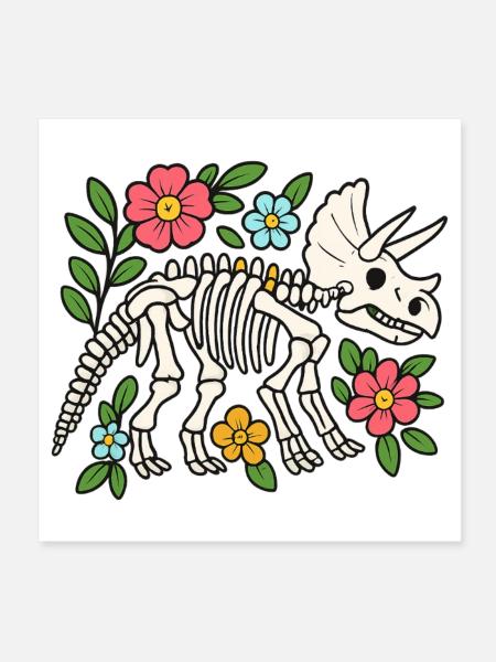 Triceratops Skelett mit Blumen - Poster 20x20 cm - Weiß - Vorne