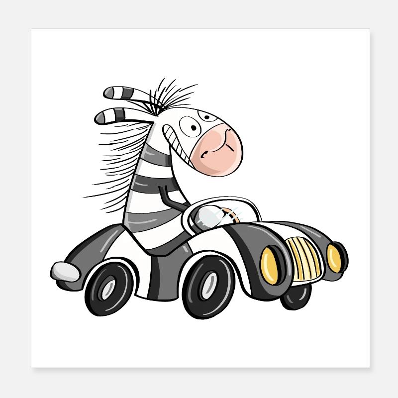 Cool Zebra Rides Car - Comic Racing Car Poster 8" x 8" (20x20 cm)