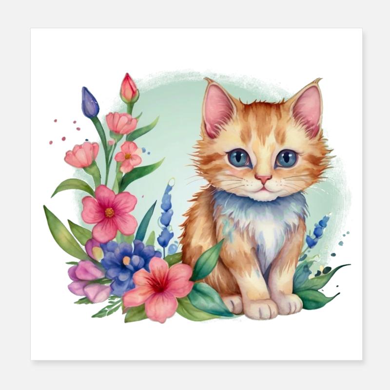 Chaton dans une prairie fleurie Poster 20 x 20 cm