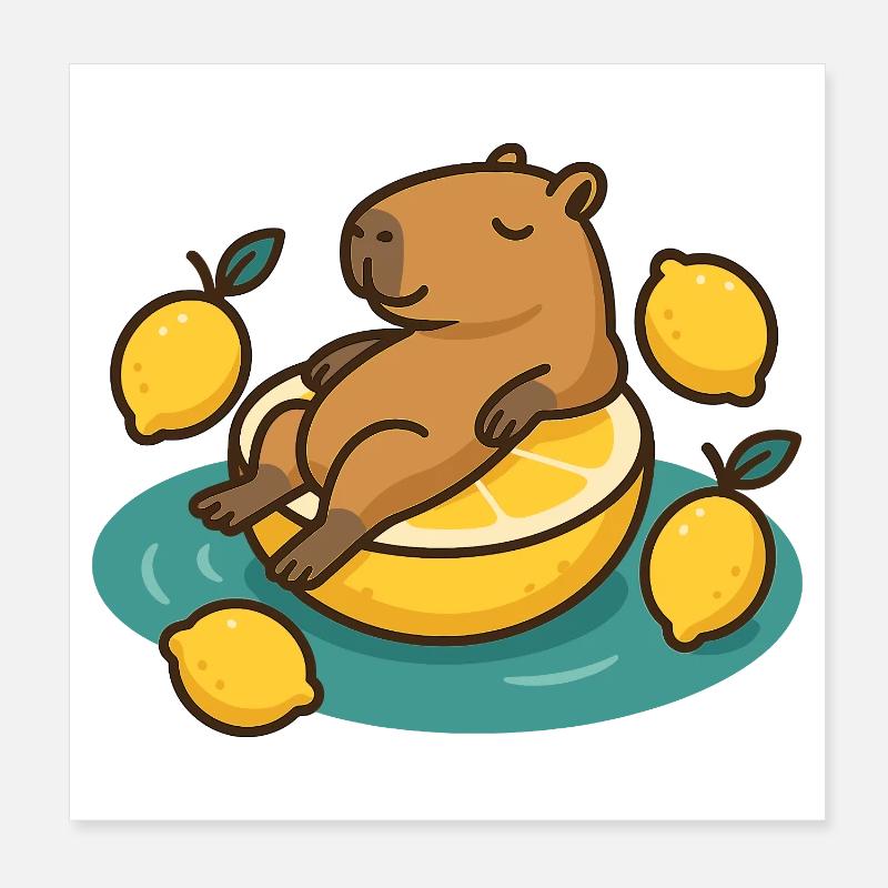Chillendes Capybara auf Zitrone Cartoon - Poster 20x20 cm - Weiß