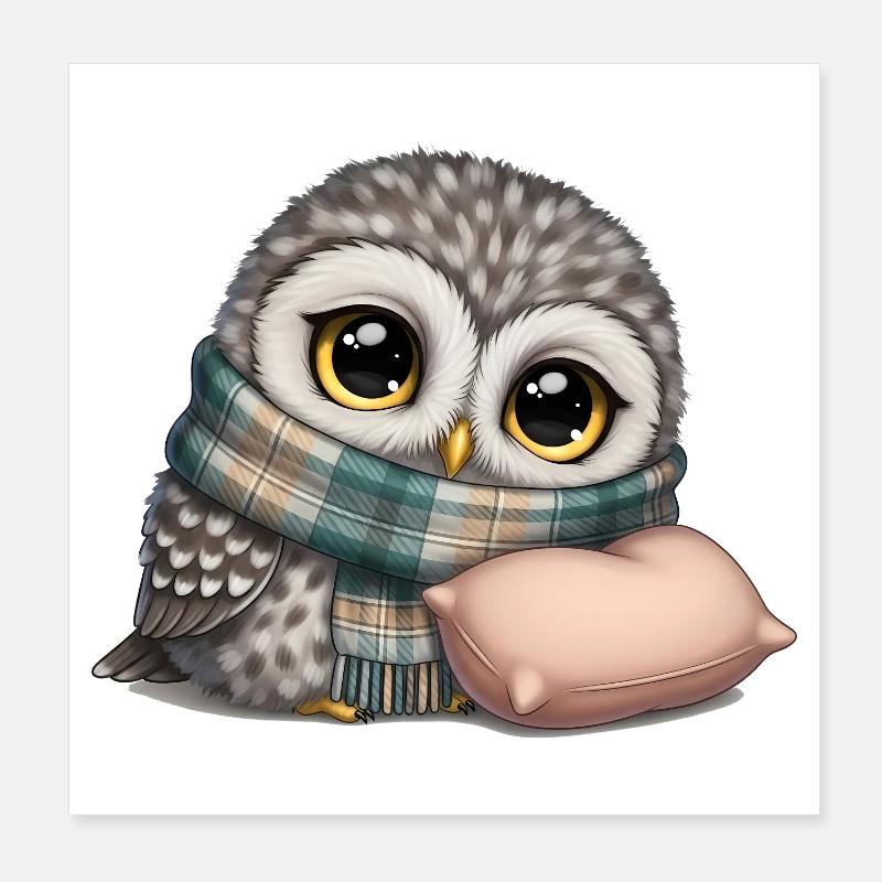 Hibou avec écharpe et oreiller Poster 20 x 20 cm