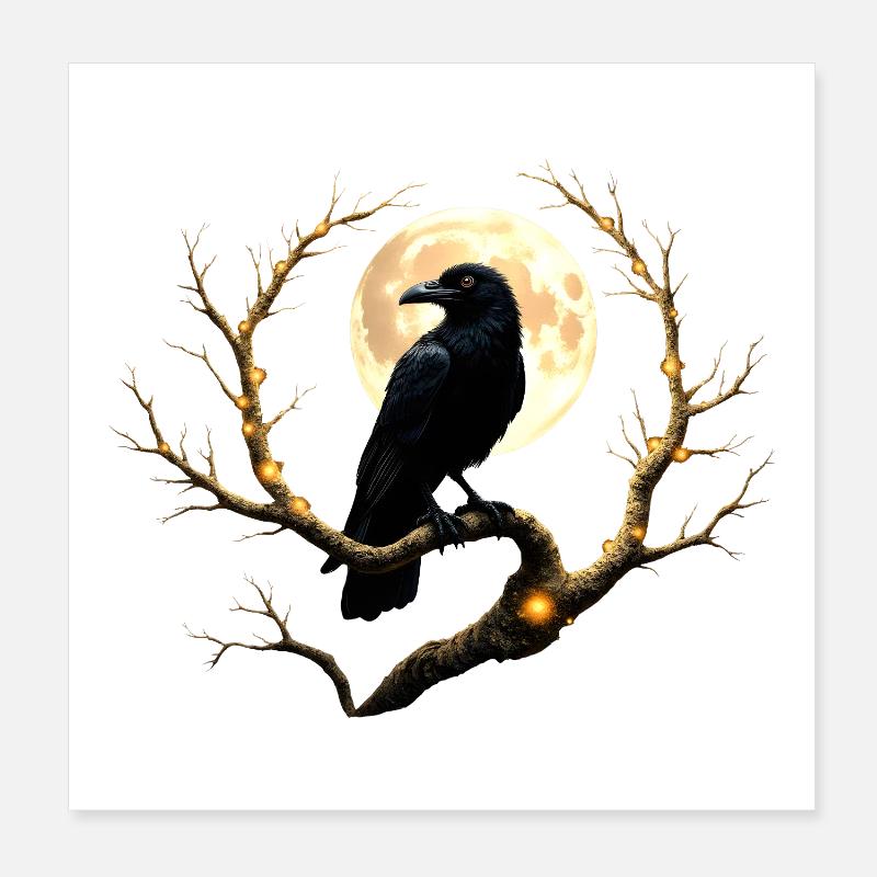 Night Crow Under Full Moon Poster 8" x 8" (20x20 cm)