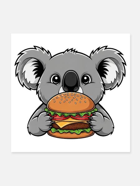 Mignons Koala Burgers Fast-food Cheeseburger Dessin animé - Poster 20 x 20 cm - blanc - Devant