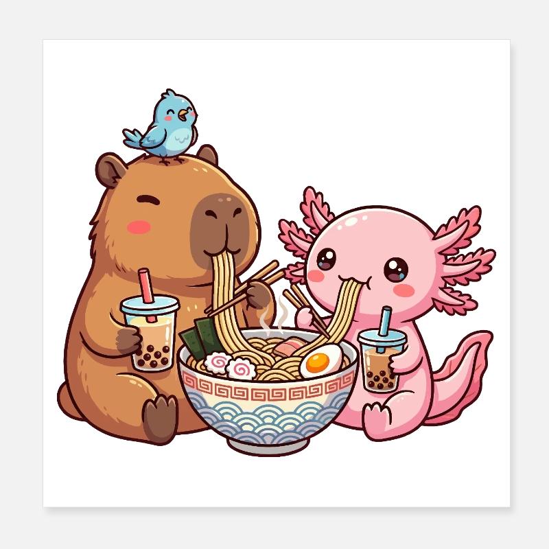 Kawaii Capybara Axolotl Ramen Bubble Tea - Poster 8" x 8" (20x20 cm) - white
