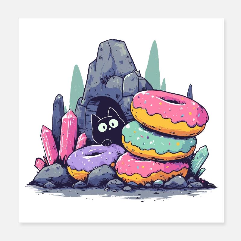 Trésor de chat dans la grotte de cristal Donut Poster 20 x 20 cm