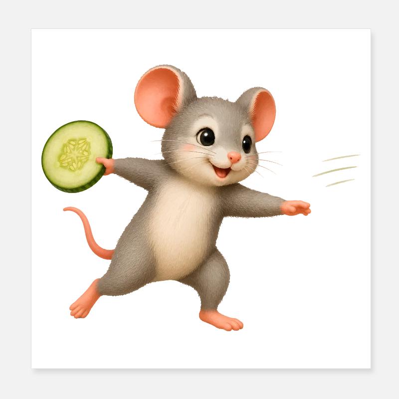 Souris Joyeuse avec Frisbee au concombre Poster 20 x 20 cm