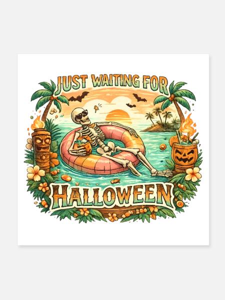 Attendant l’anticipation du squelette d’Halloween - Poster 20 x 20 cm - blanc - Devant