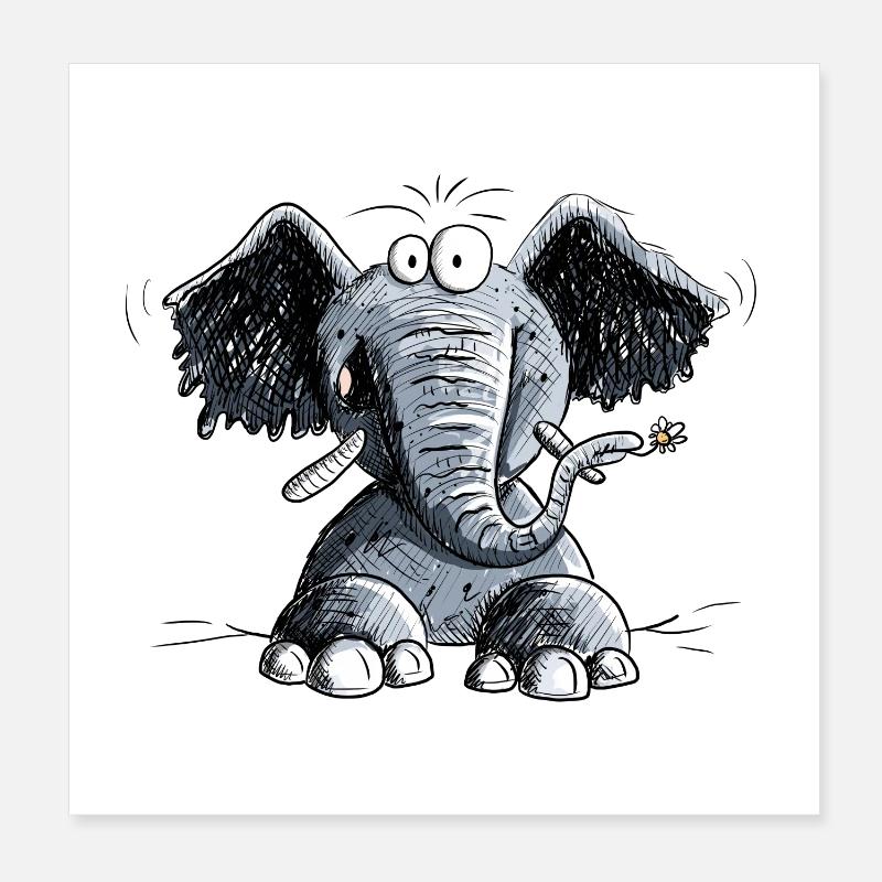 Happy Elefant Mit Blümchen I Elefanten Motiv Poster 20x20 cm