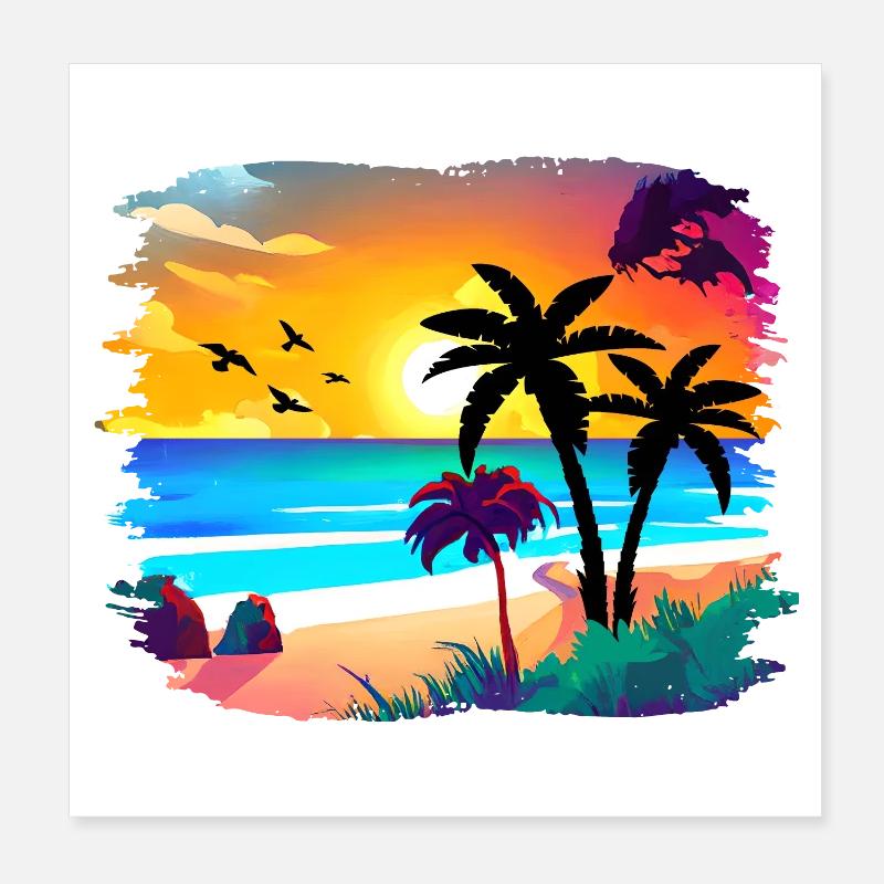 Summer Sunset Beach Watercolor Poster 8" x 8" (20x20 cm)