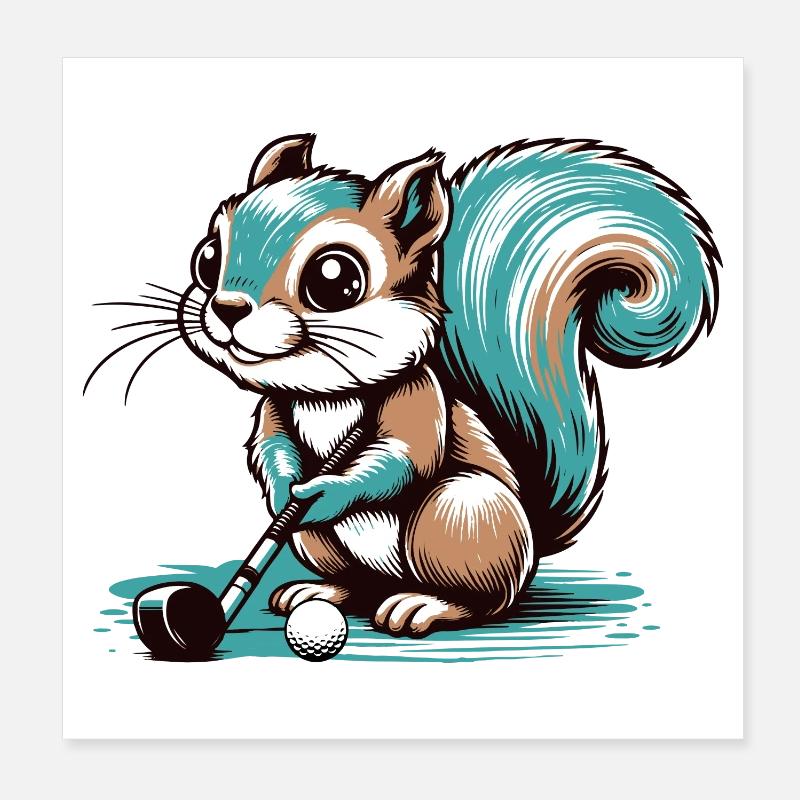 Mignon écureuil de dessin animé jouant au golf Poster 20 x 20 cm