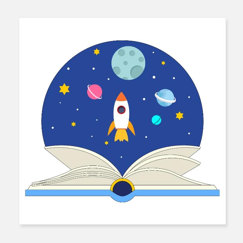 Livre ouvert avec scène spatiale, imagination et Avent Poster 20 x 20 cm