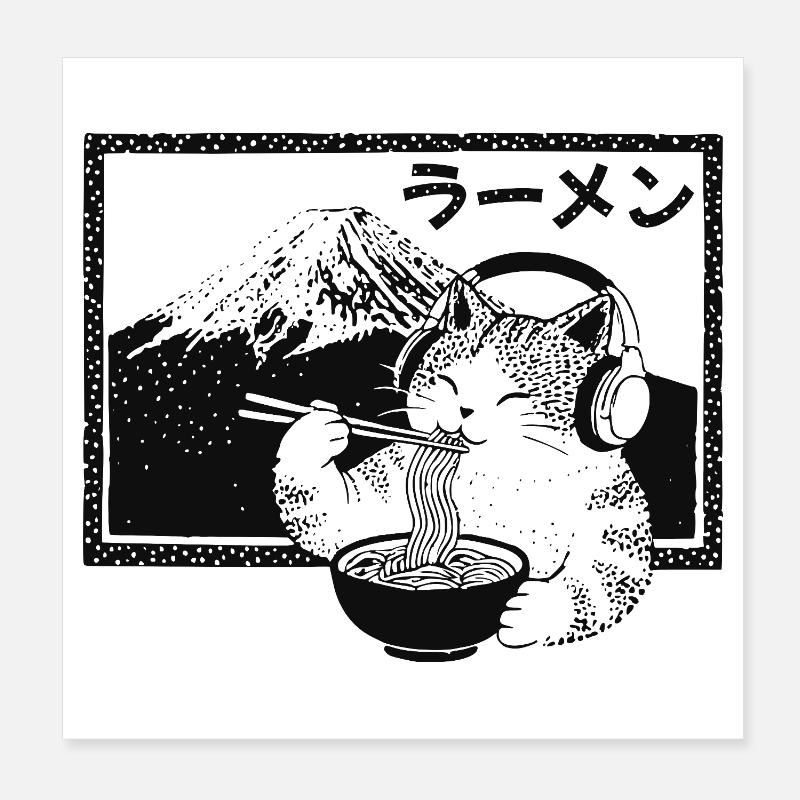 Ramen Kitten Mount Fuji Poster 20x20 cm