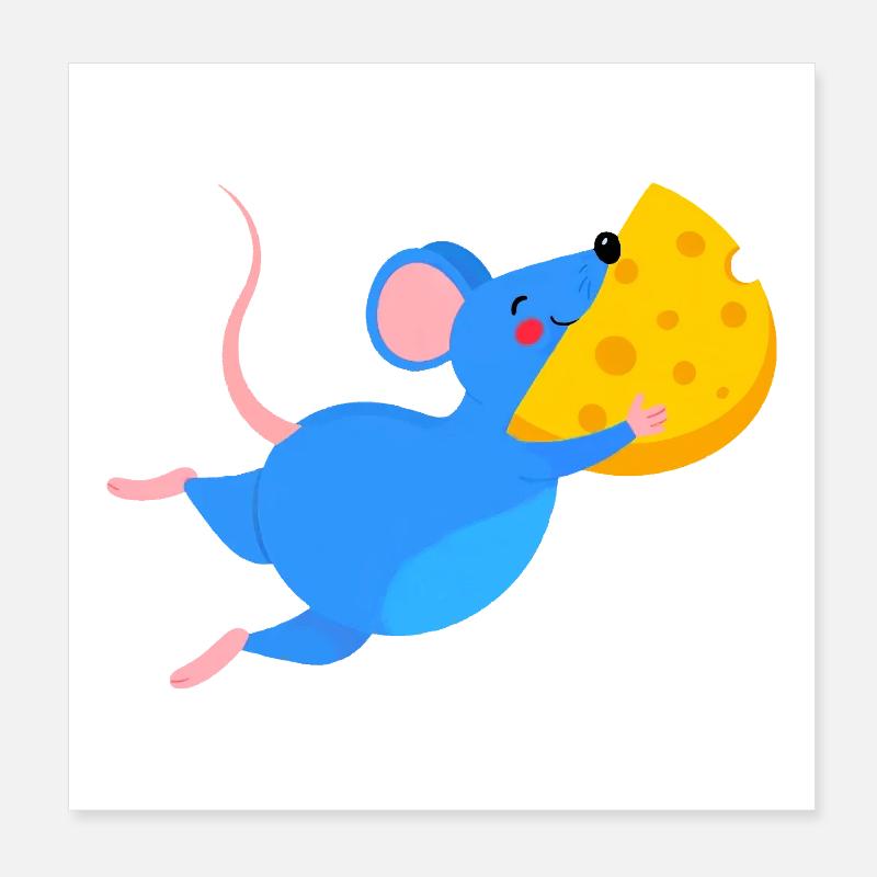 Souris bleue heureuse et fromage jaune Poster 20 x 20 cm