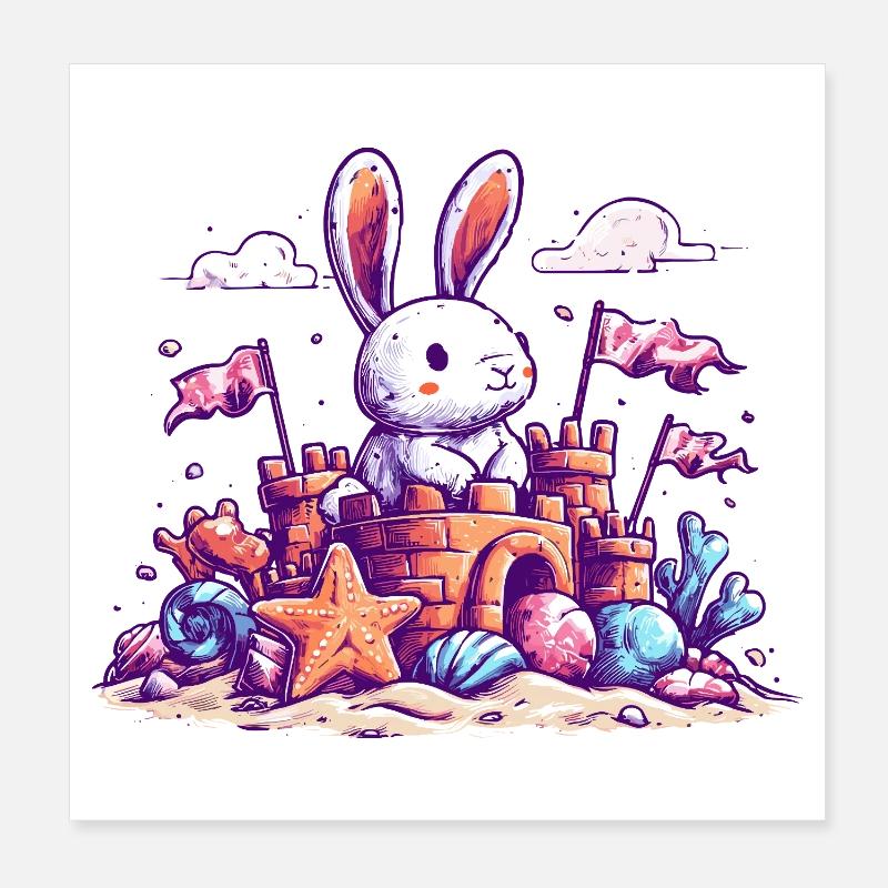 Bunny sur le château de sable de la plage Poster 20 x 20 cm
