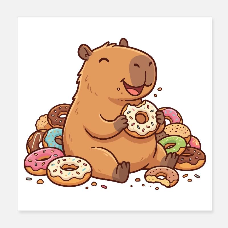 Capybara avec des beignets Motif d’animal joyeux et mignon Poster 20 x 20 cm