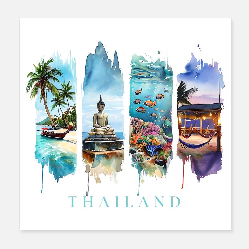 Voyage de vacances en Thaïlande – Bateau à longue queue & Bouddha Poster 20 x 20 cm