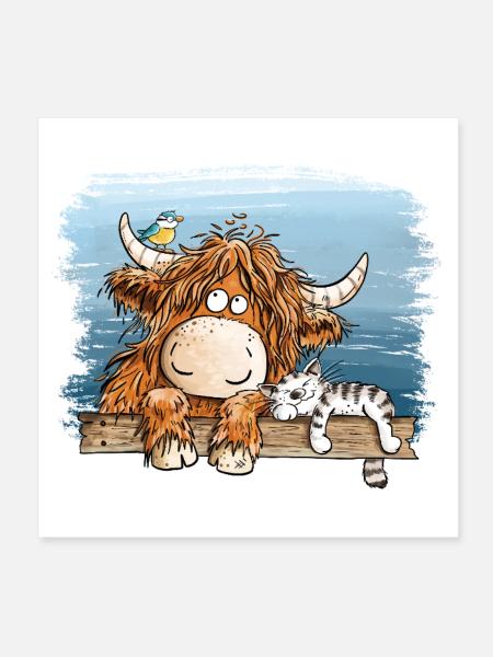 Highland Kuh Mit Katze Bauernhof Tierhumor Cartoon - Poster 20x20 cm - Weiß