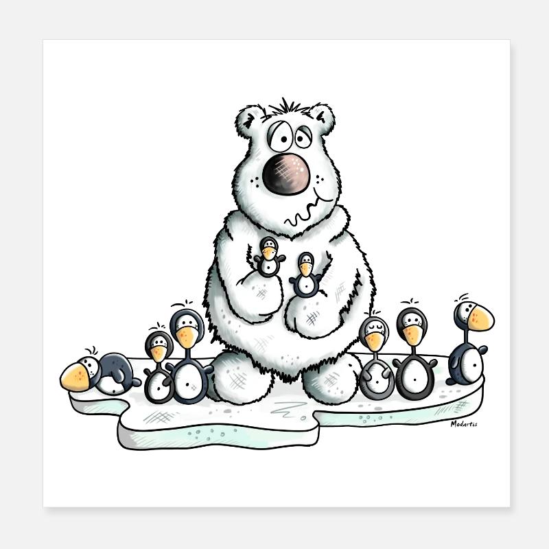 Polar Bear with Penguins Poster 8" x 8" (20x20 cm)