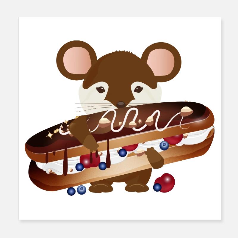 cute mouse with delicious chocolate éclair Poster 8" x 8" (20x20 cm)