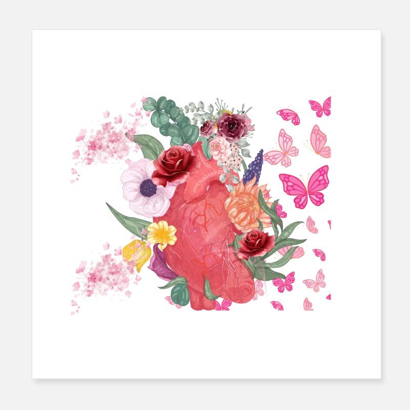 Cœur fleurs et papillons - Poster 20 x 20 cm - blanc
