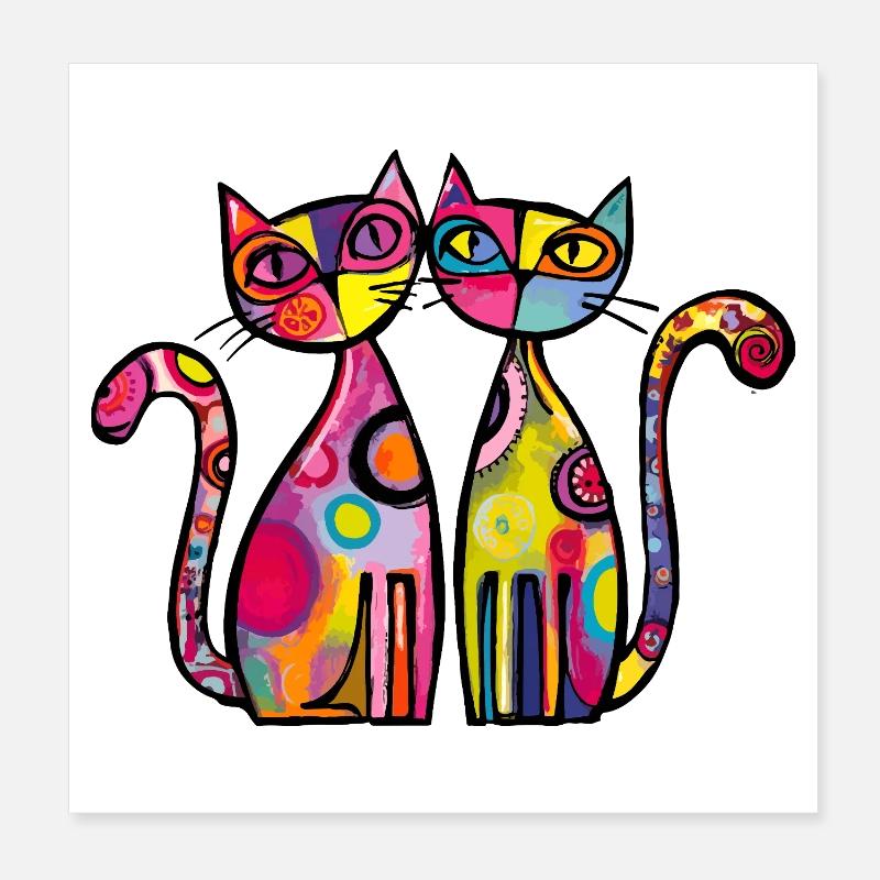 Chats Couple Coloré Poster 20 x 20 cm