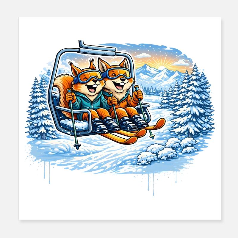 Écureuil et Renard dans le téléski – Divertissements d’hiver Poster 20 x 20 cm