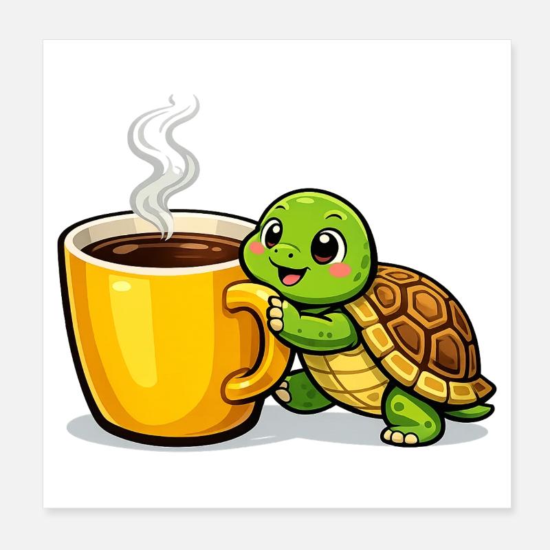 Coffee Turtle with Steaming Mug Poster 8" x 8" (20x20 cm)