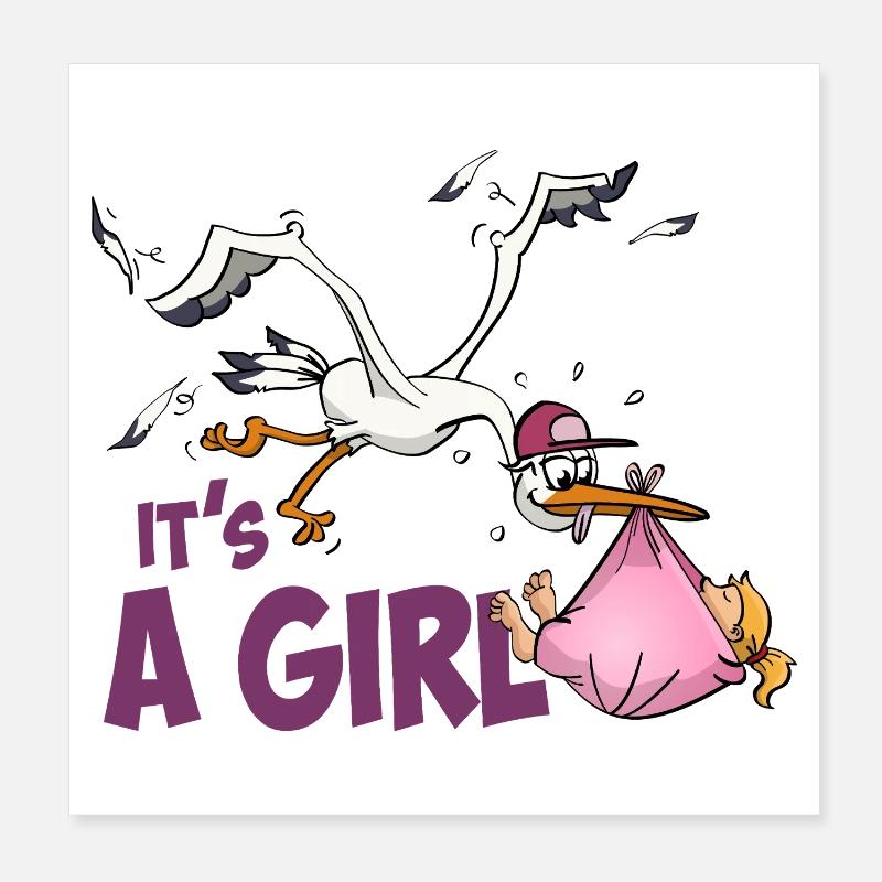 Storch mit Mädchen; "Es ist ein Mädchen" Poster 20x20 cm