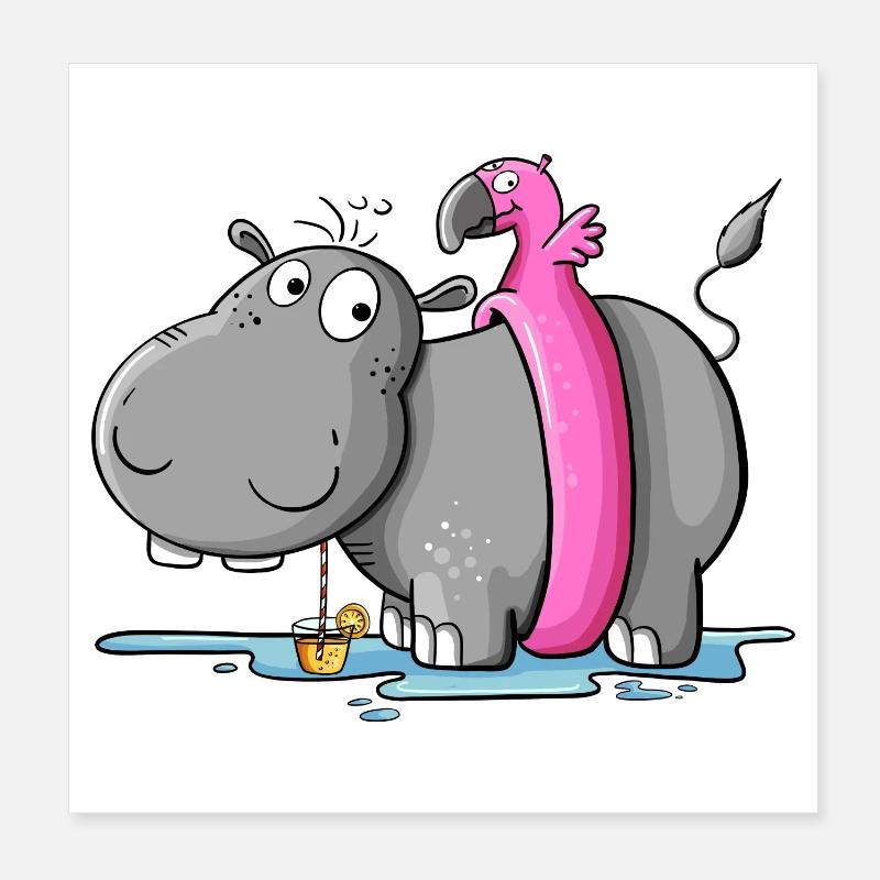Hippo on Vacation I Wildlife Comic Poster 8" x 8" (20x20 cm)