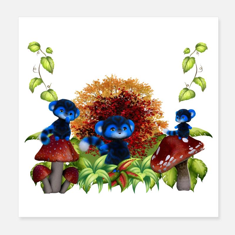 Herbstwald-Blaue Affen Poster 20x20 cm