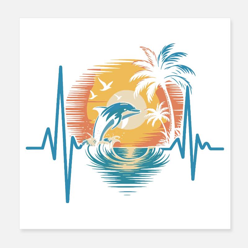 Dolphins and sunset scene Poster 8" x 8" (20x20 cm)