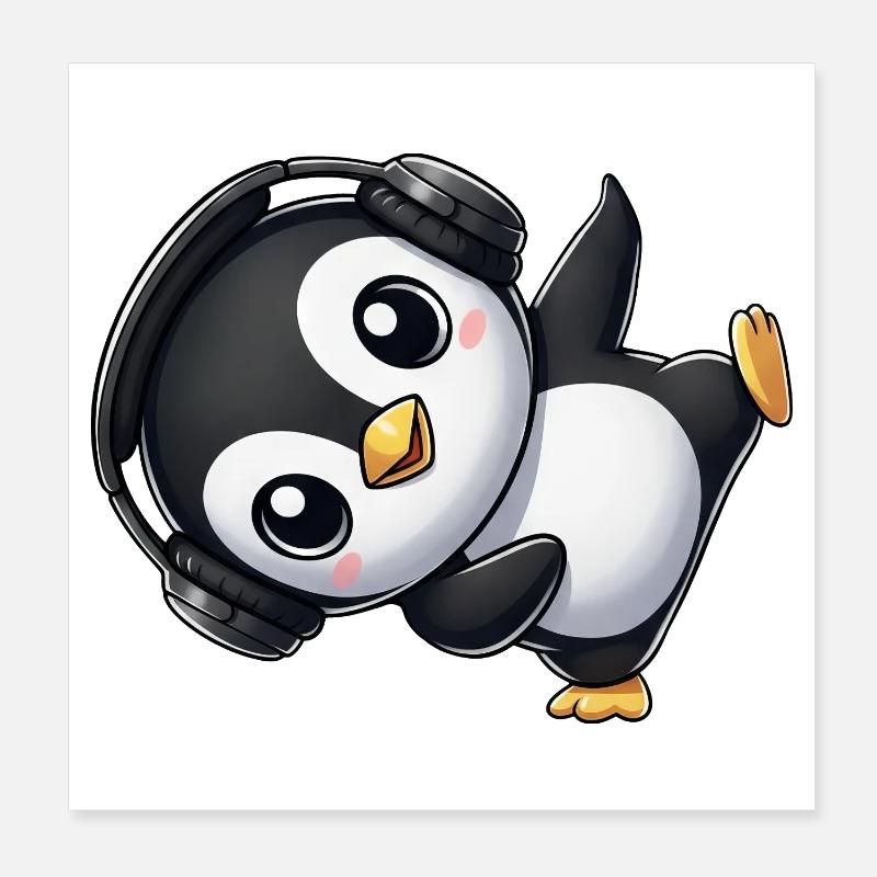 Funny penguin dancing breakdance with headphones Poster 8" x 8" (20x20 cm)