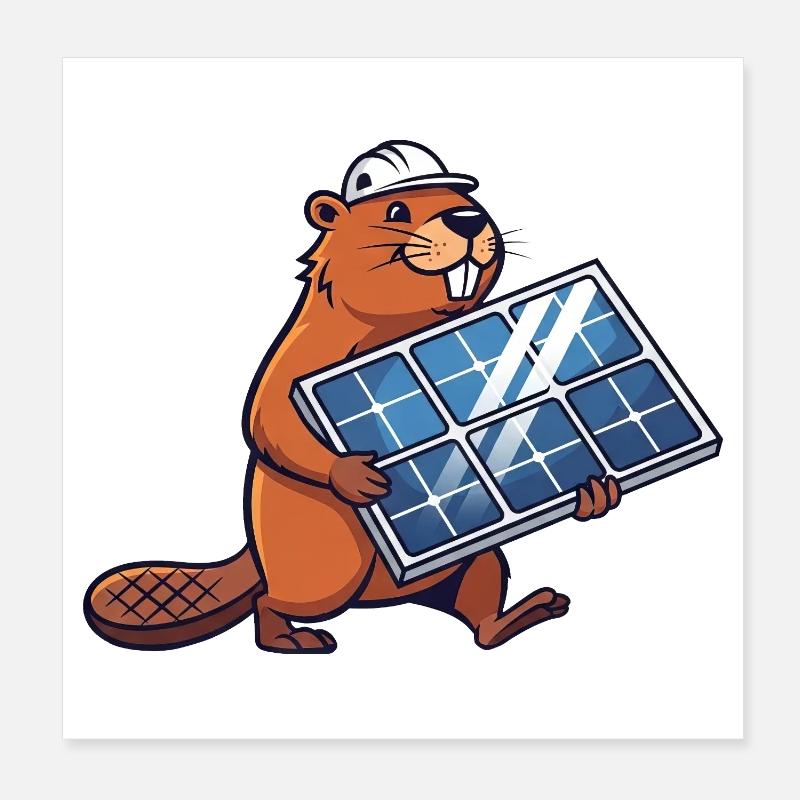 Beaver Installer Solar Panel Engineer Cartoon Poster 8" x 8" (20x20 cm)