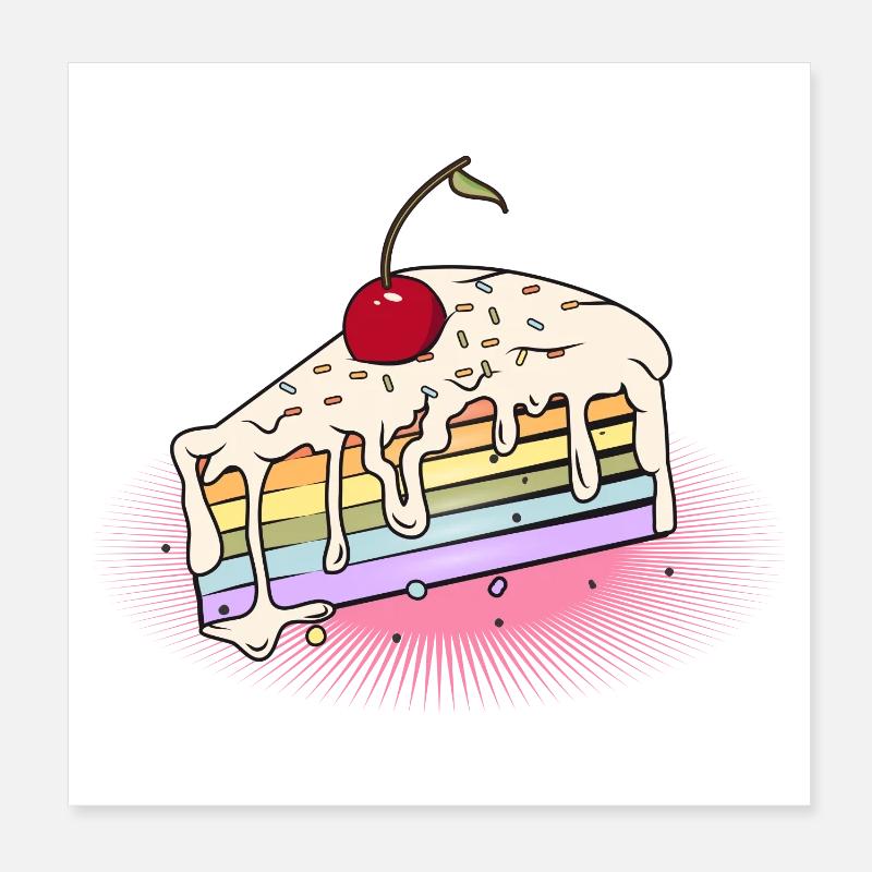 Stück Regenbogen Kuchen mit Kirsche im Comic Stil Poster 20x20 cm