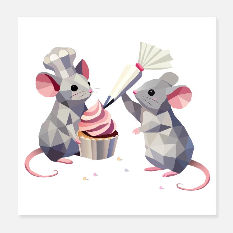 Two cute mice decorating a cupcake together Poster 8" x 8" (20x20 cm)