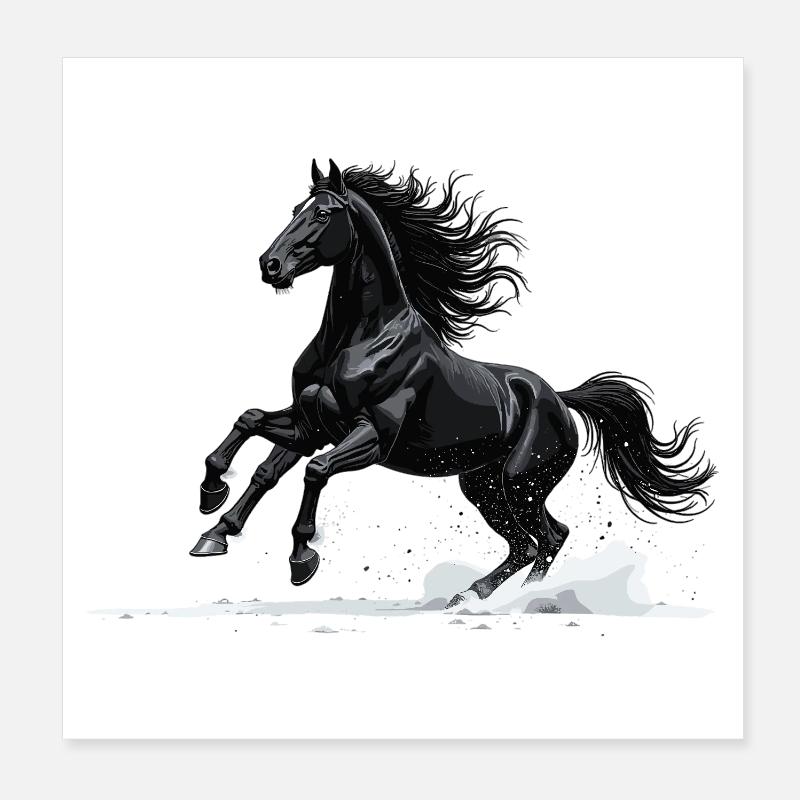 Schwarzer Galopp: Pferd in Bewegung - Poster 20x20 cm - Weiß