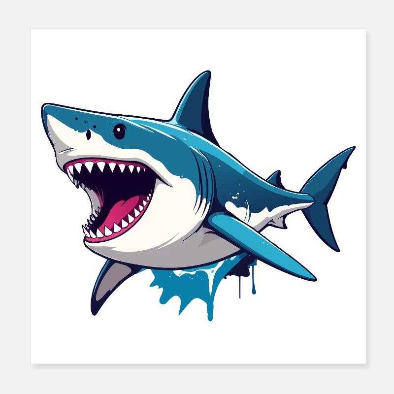 Cheerful Great White Shark Spritz Effect Maritime Motif Poster 8" x 8" (20x20 cm)