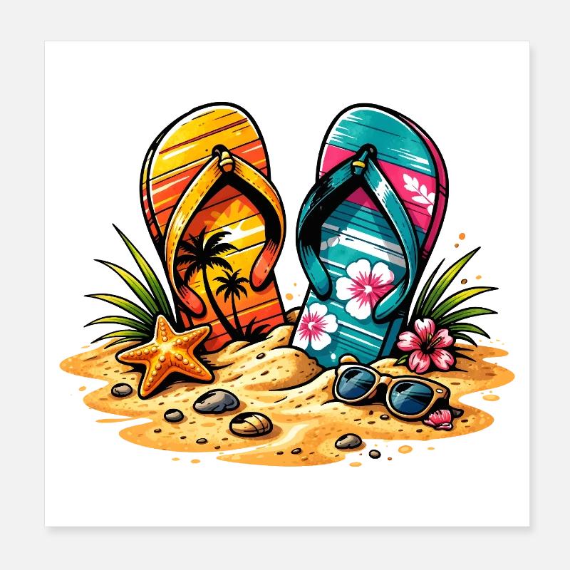 Flip Flops am Strand Illustration Poster 20x20 cm