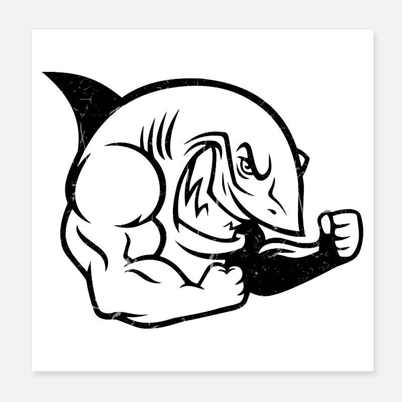 Muscular Shark Bodybuilder Workout Silhouette Poster 8" x 8" (20x20 cm)