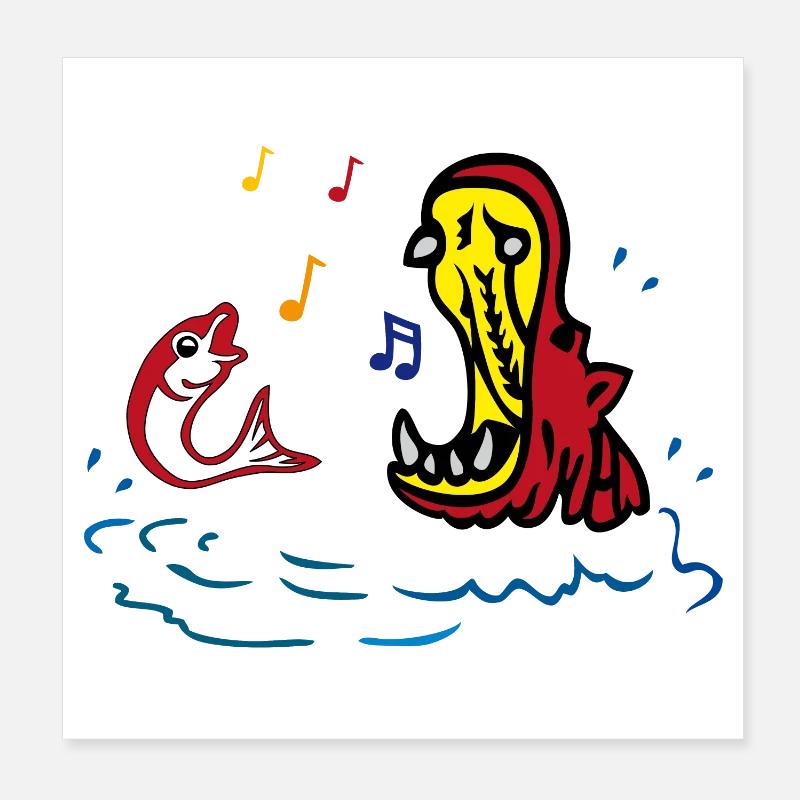 Hippo and fish sing in duet Poster 8" x 8" (20x20 cm)
