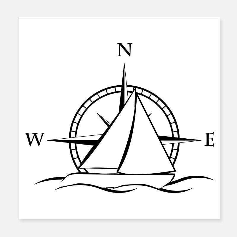 Sailboat with wind rose neutral black Poster 8" x 8" (20x20 cm)