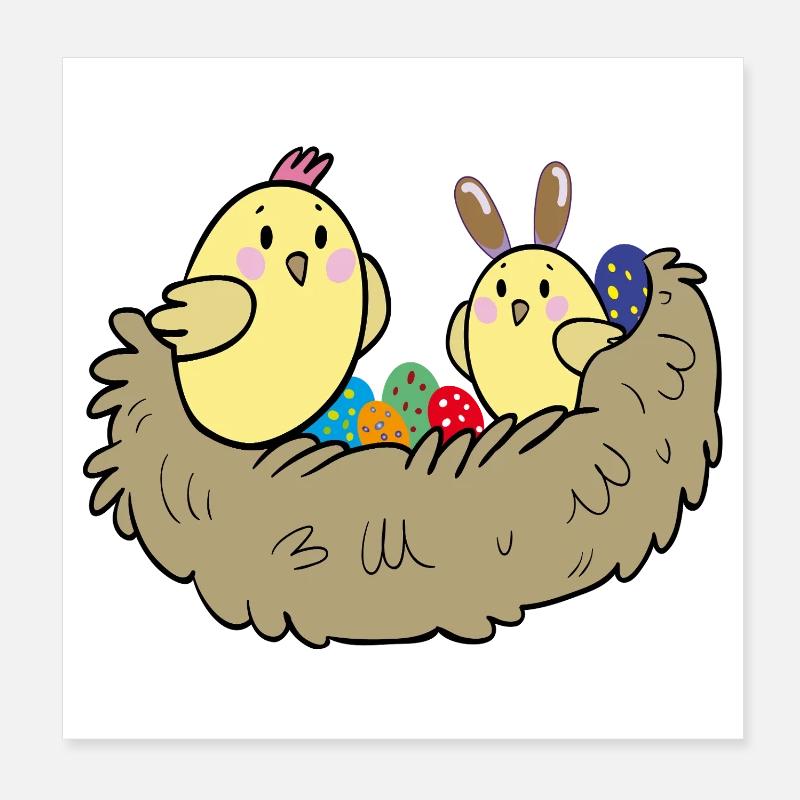 Küken mit bunten Eiern im Nest Poster 20x20 cm