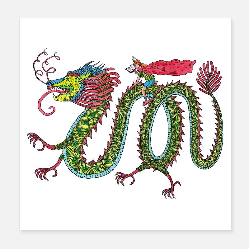 Dragon avec cavalier de lecture Poster 20 x 20 cm