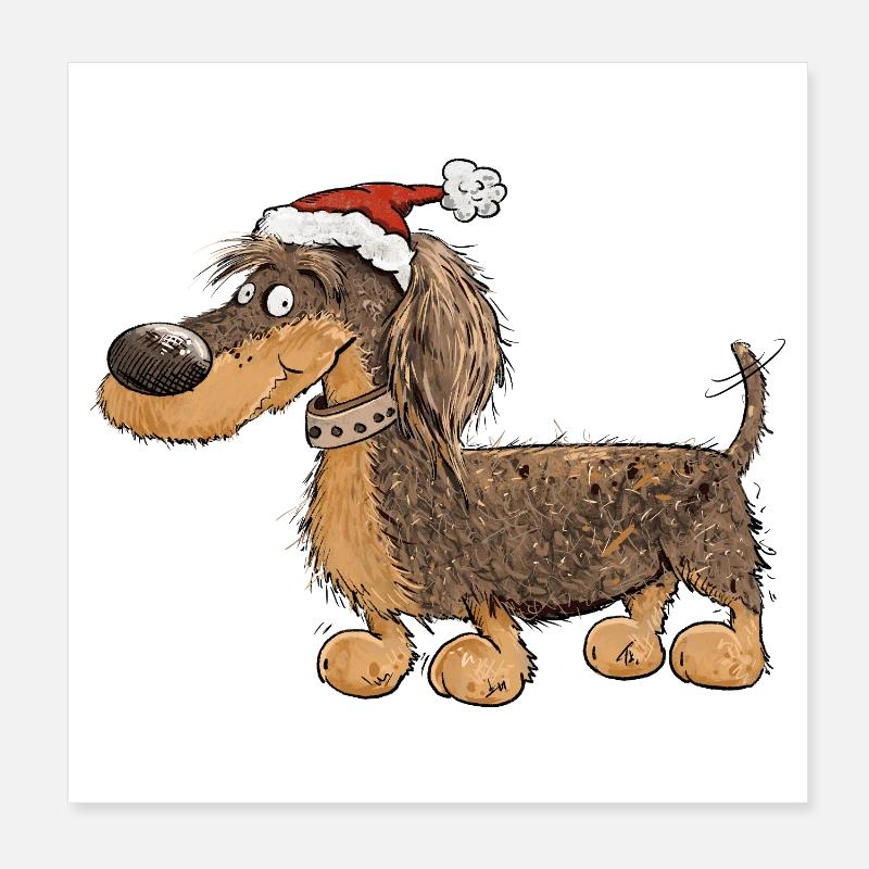 Funny Christmas Dachshund with Hat Poster 8" x 8" (20x20 cm)