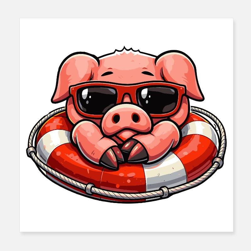 Cochon cool dans une bouée de sauvetage Poster 20 x 20 cm