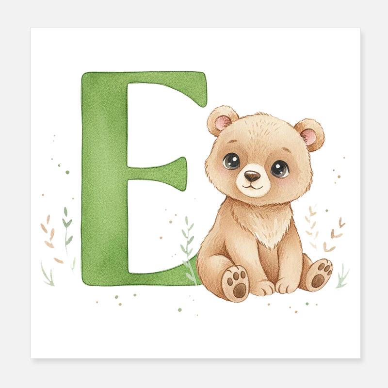 E mit Teddy: Verspielter Buchstabe E Poster 20x20 cm