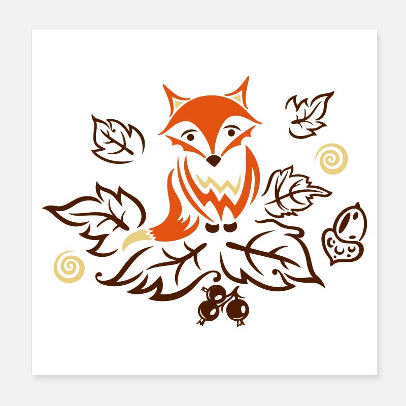 Little fox with leaves, autumn. Poster 8" x 8" (20x20 cm)